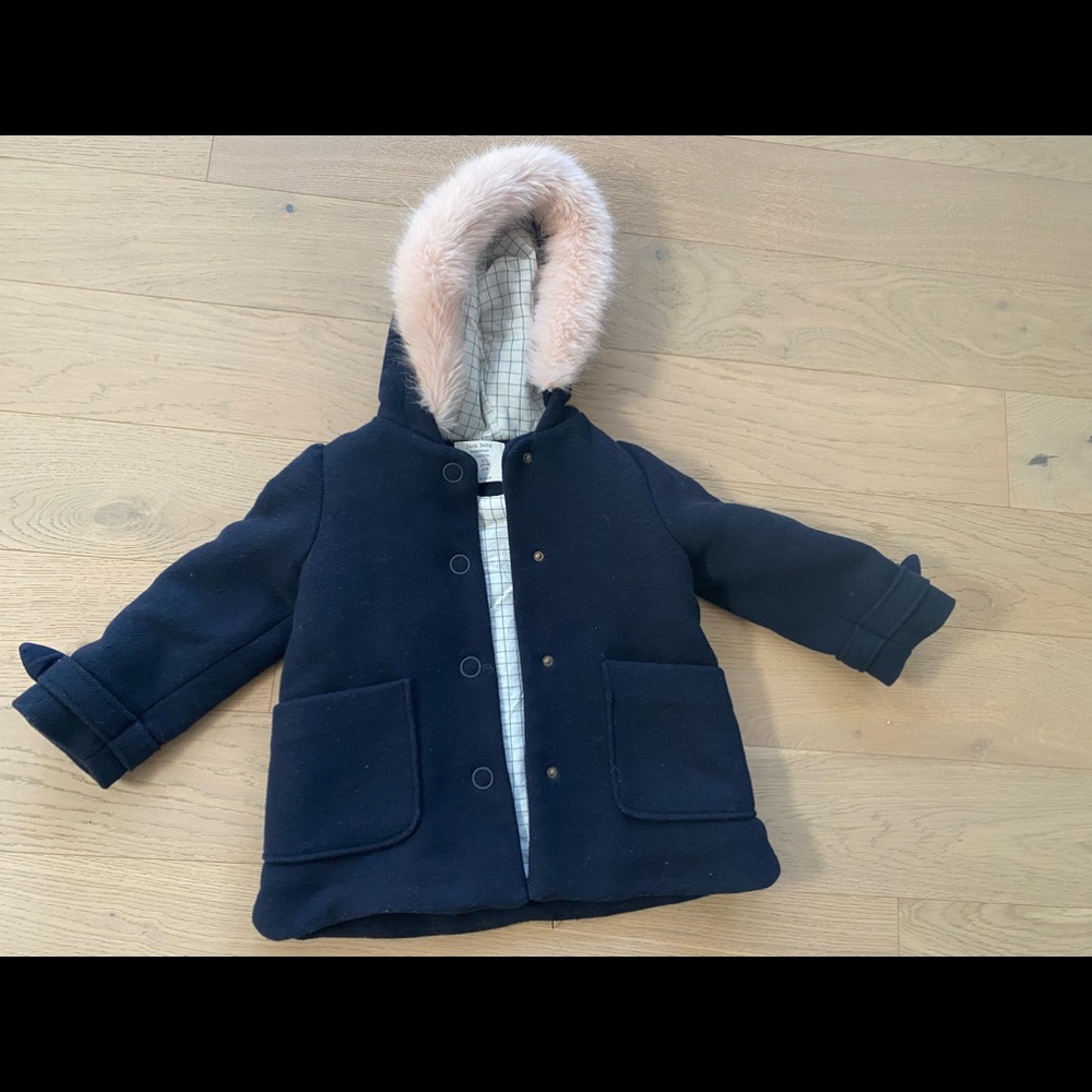 Zara Baby Size 3/4 Navy Wool coat w/fur trimmed hood